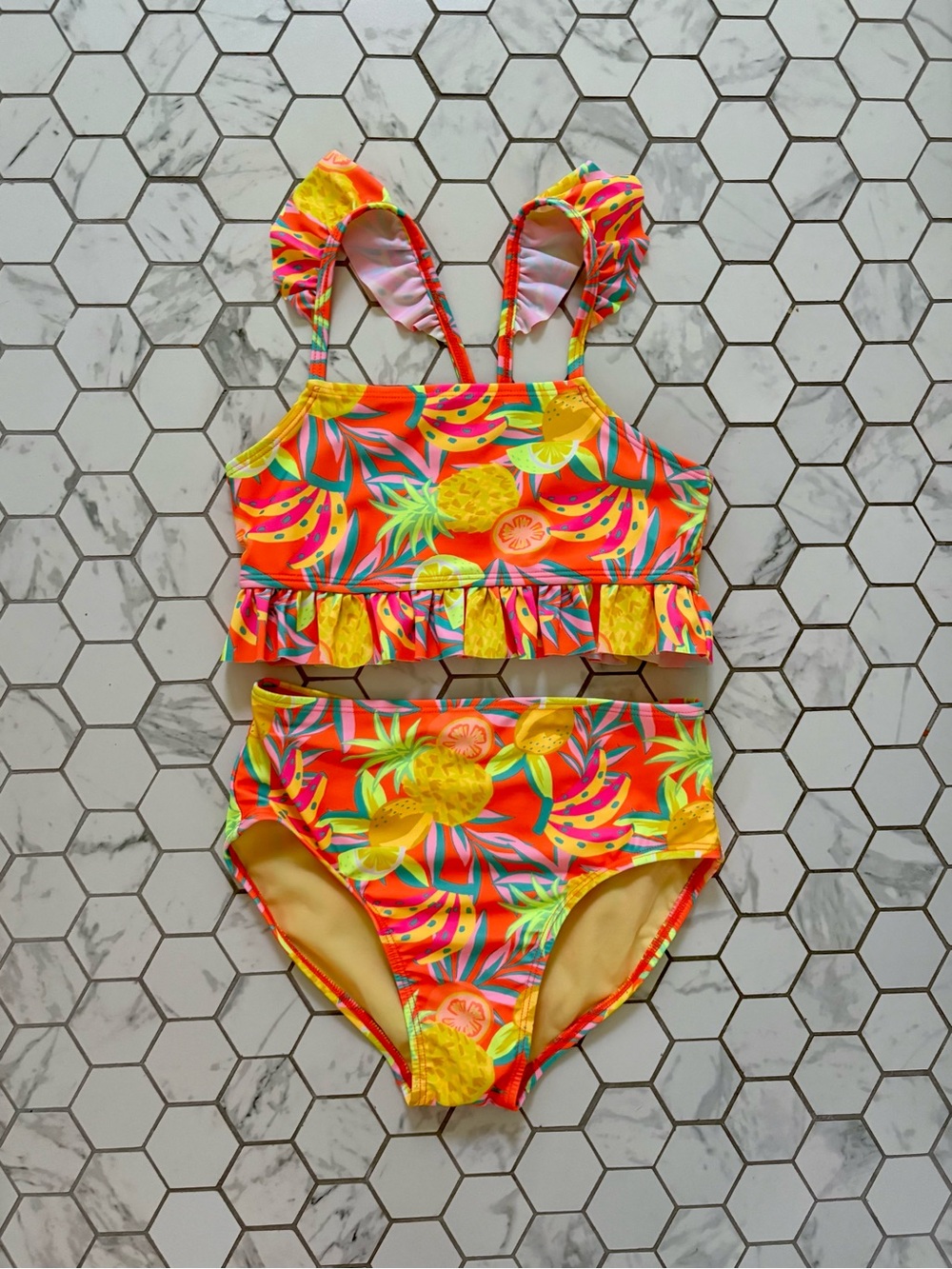 NWOT Kids Tropical Fruit Ruffle Two-Piece Swimsuit - Orange Fruit M